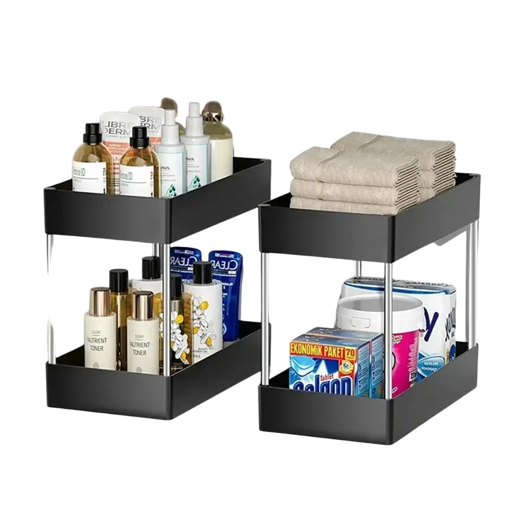Black two-tiered rotating sink storage organizer with silver metal frame for tier drawer multipurpose use