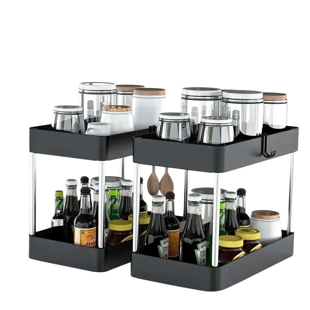 Black two-tiered sink storage organizer with chrome metal legs and hooks for tier drawer multipurpose use under sink