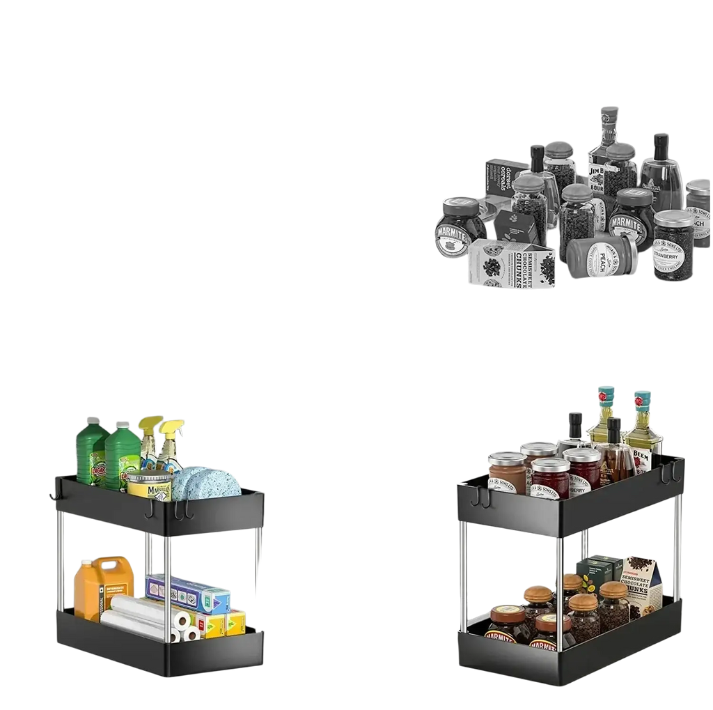 Black two-tiered sink storage organizer with stainless steel frame and hooks for multipurpose tier drawer use
