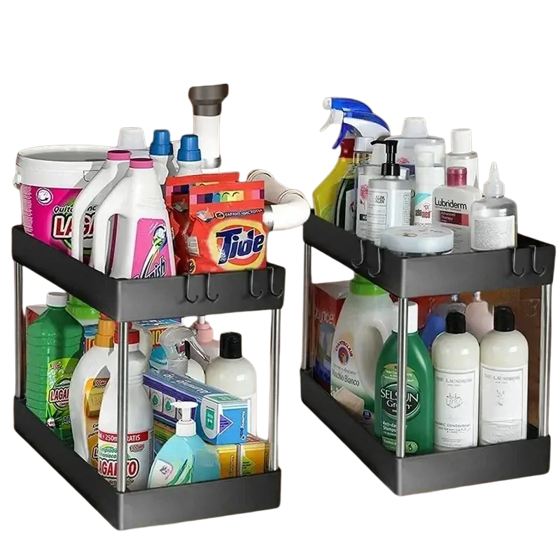 Black two-tiered metal frame sink storage organizer with hooks for tier drawer multipurpose rack under-sink use
