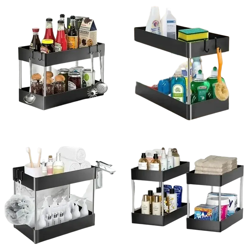 Black two-tiered rotating sink storage organizer with stainless steel frame for kitchen and bathroom use