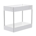 White two-tiered sink storage organizer with silver metal legs and integrated hooks for tier drawer multipurpose use