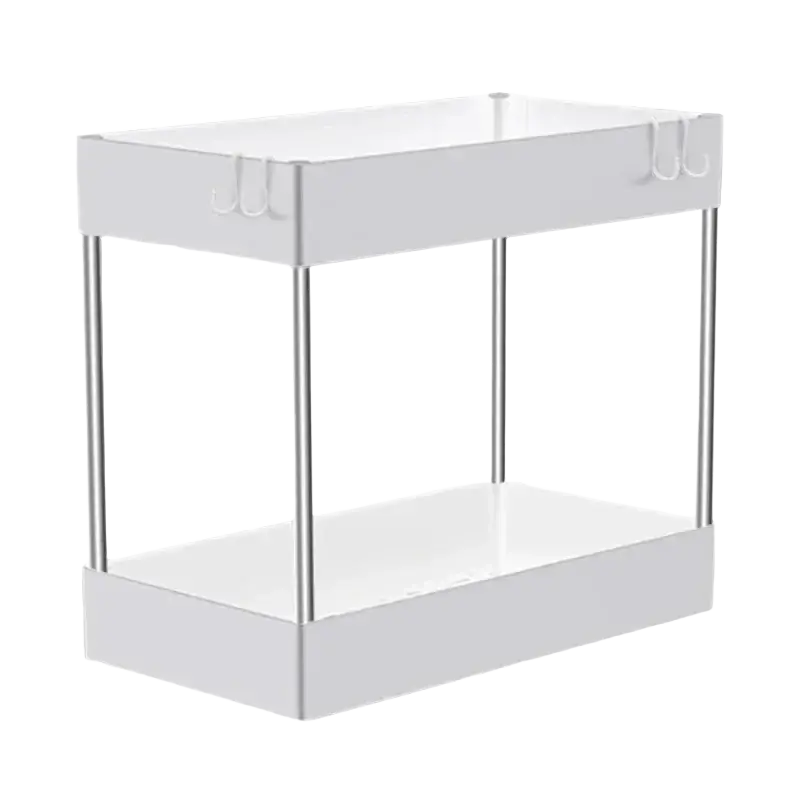 White two-tiered sink storage organizer with silver metal legs and integrated hooks for tier drawer multipurpose use