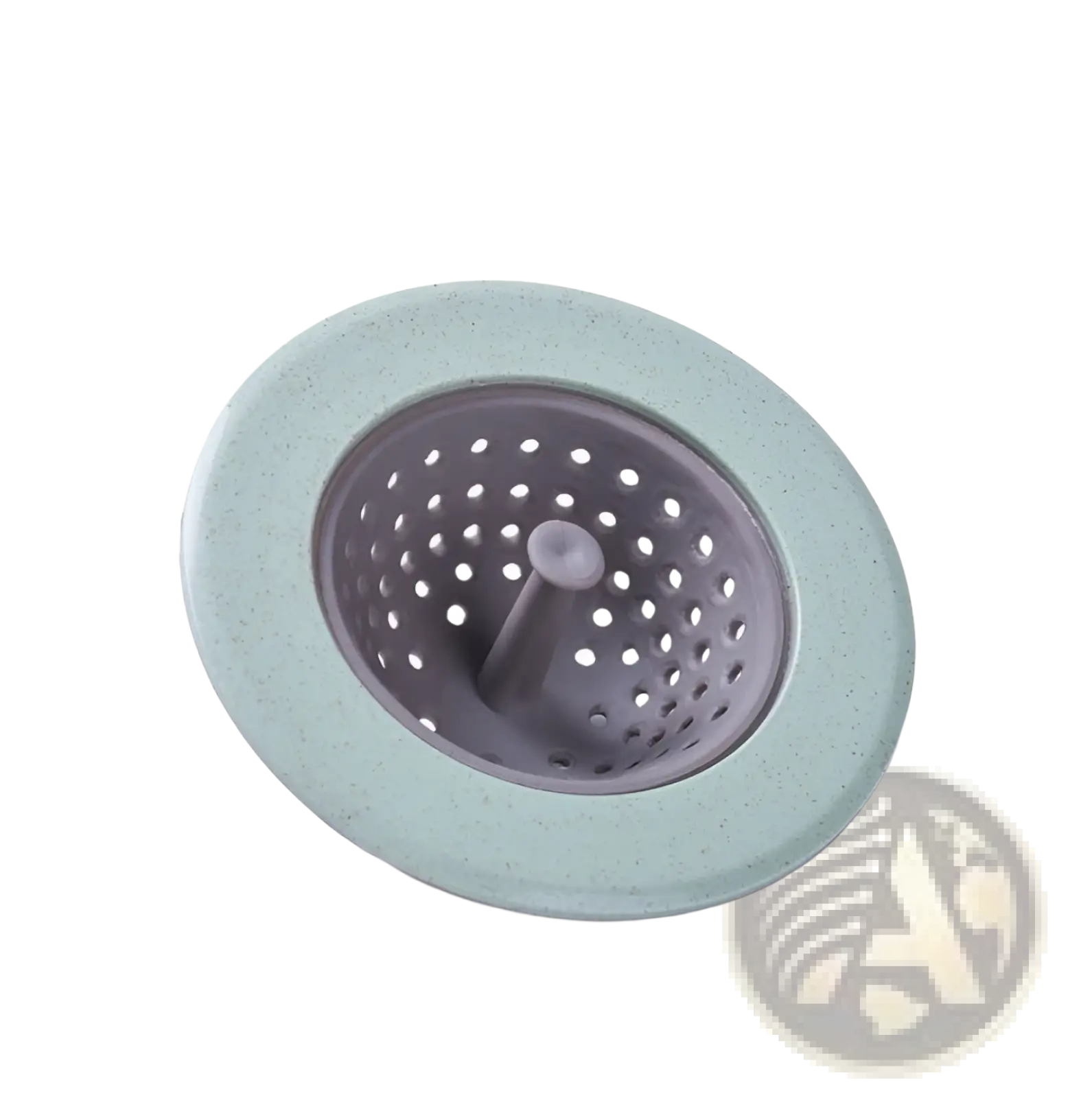 Light green speckled silicone sink strainer with gray perforated interior and central drain plug for kitchen filter