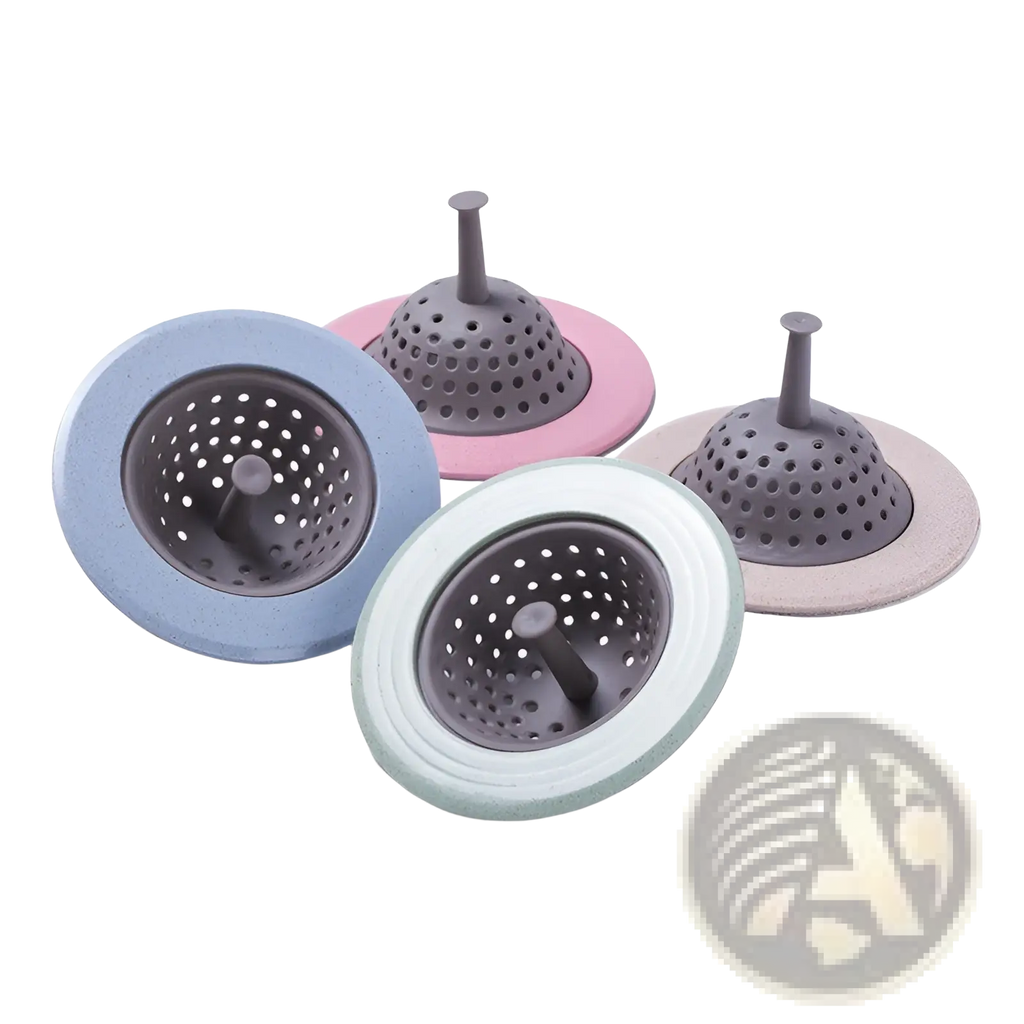 Pastel-colored silicone sink strainers with perforated designs and central drainage spouts for anti clogging kitchen use