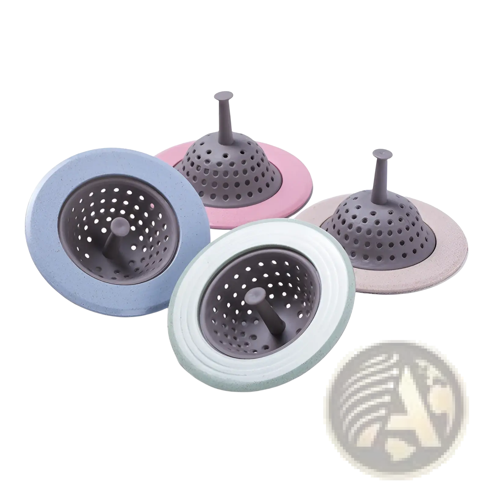 Pastel-colored silicone sink strainers with perforated designs and central drainage spouts for anti clogging kitchen use