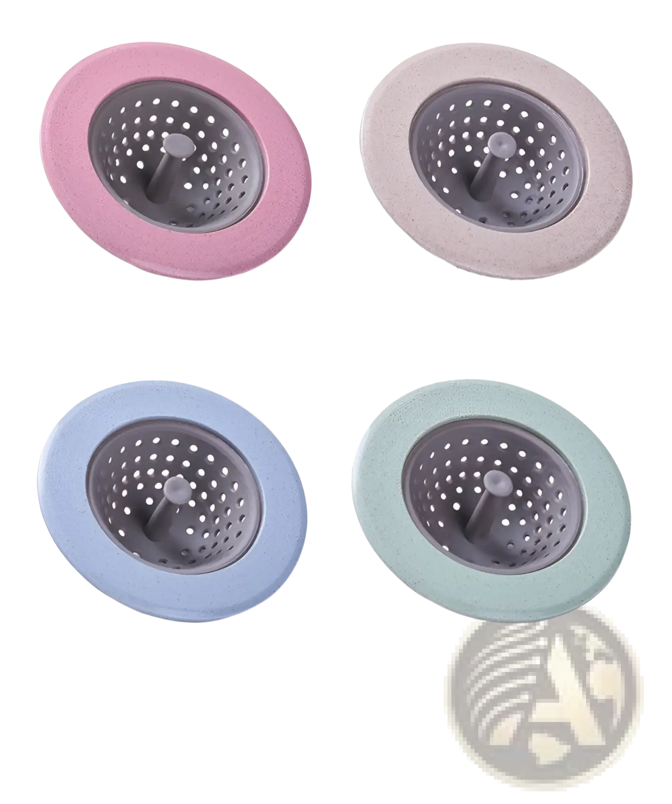 Pastel-colored silicone sink strainers in pink beige blue and mint green with perforated metal center for anti clogging kitchen filtering