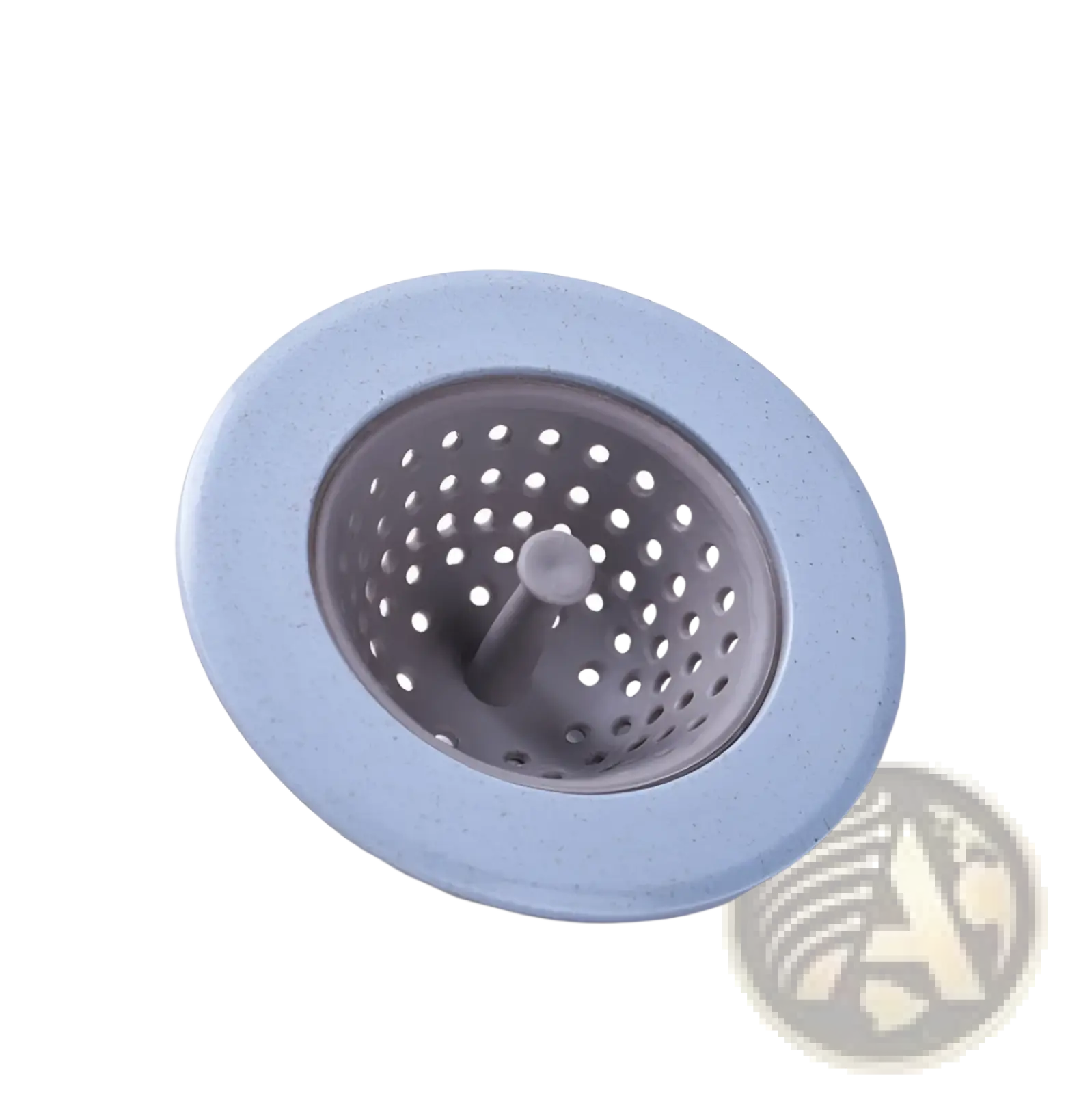Light blue silicone sink strainer with gray perforated center and small knob designed for anti clogging kitchen use