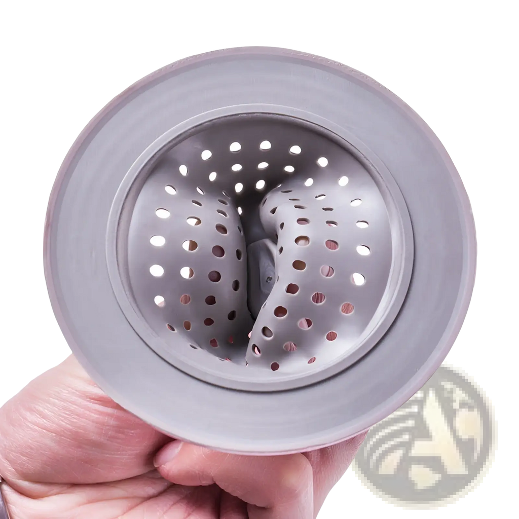 Gray silicone sink strainer with perforated design and flexible collapsible center for anti clogging kitchen filter
