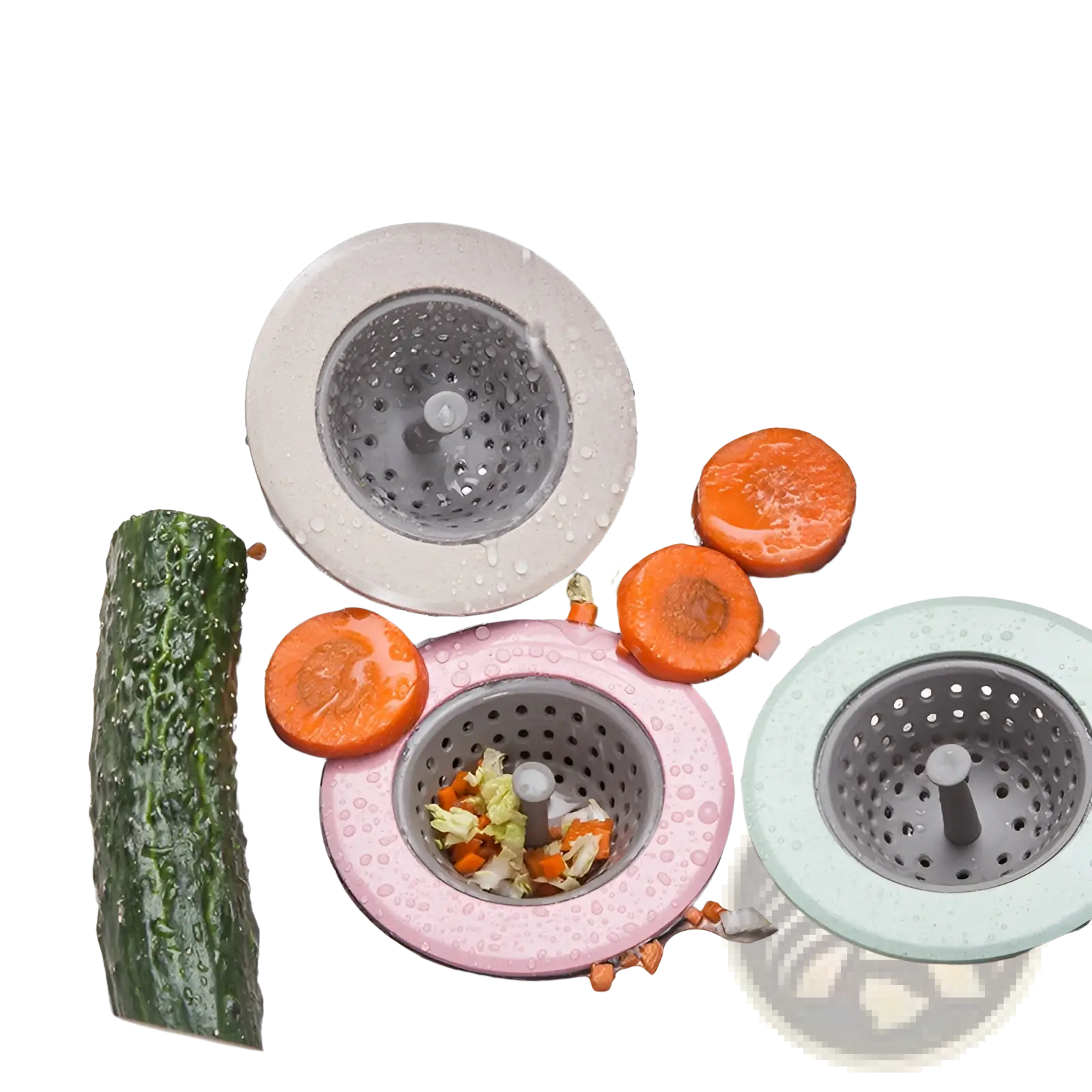 Three colorful silicone sink strainers in gray pink and mint green with perforated metal centers for anti clogging kitchen use