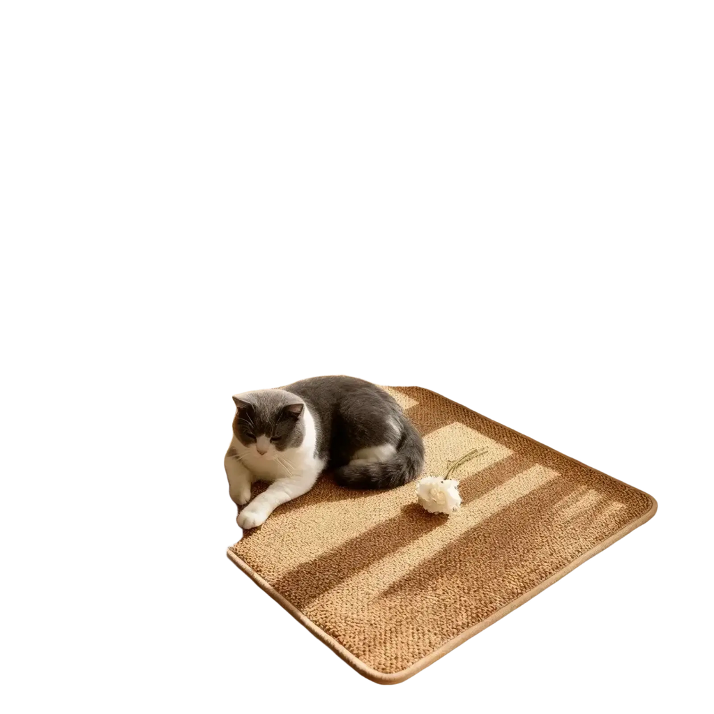 Beige tufted sisal cat scratch pad cushion with a textured woven surface and soft plush edges for furniture protection