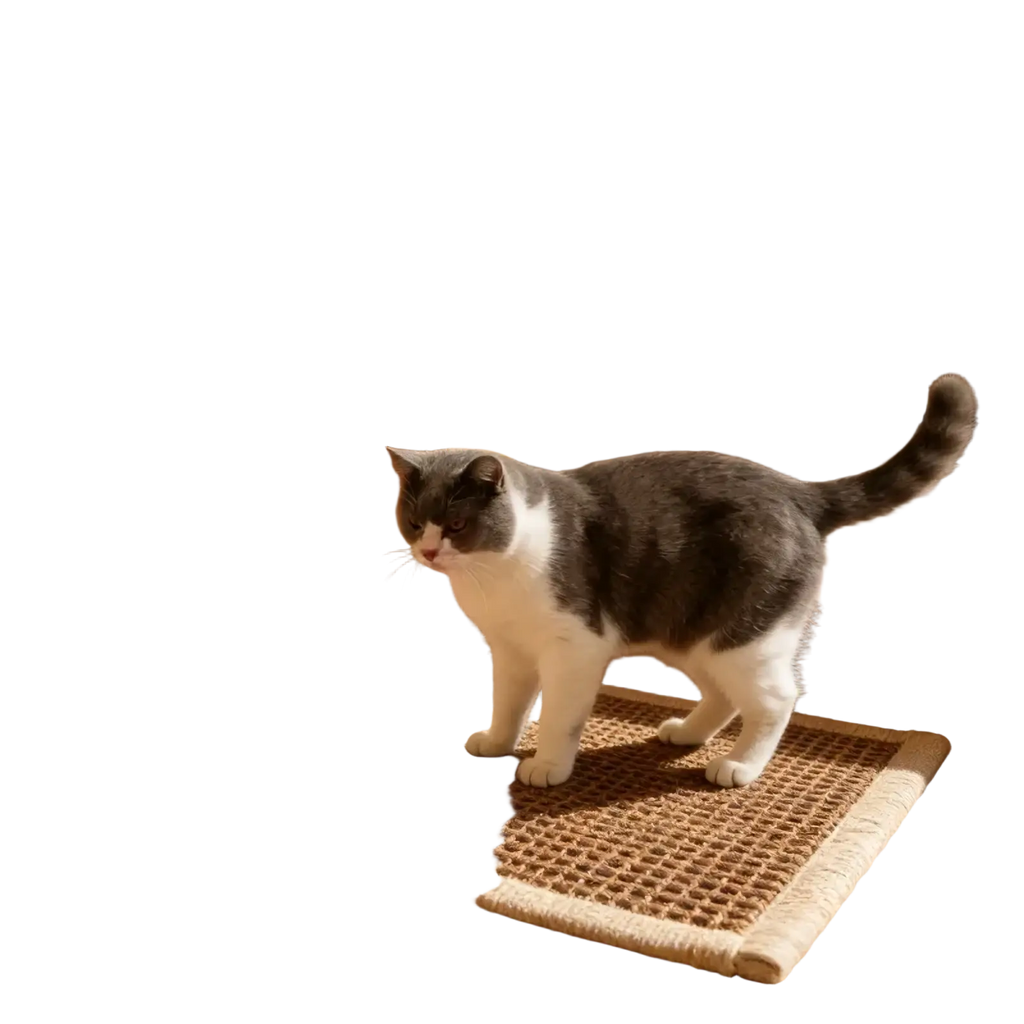Gray and white cat standing on a woven natural fiber sisal cat scratch pad with a braided edge furniture protector