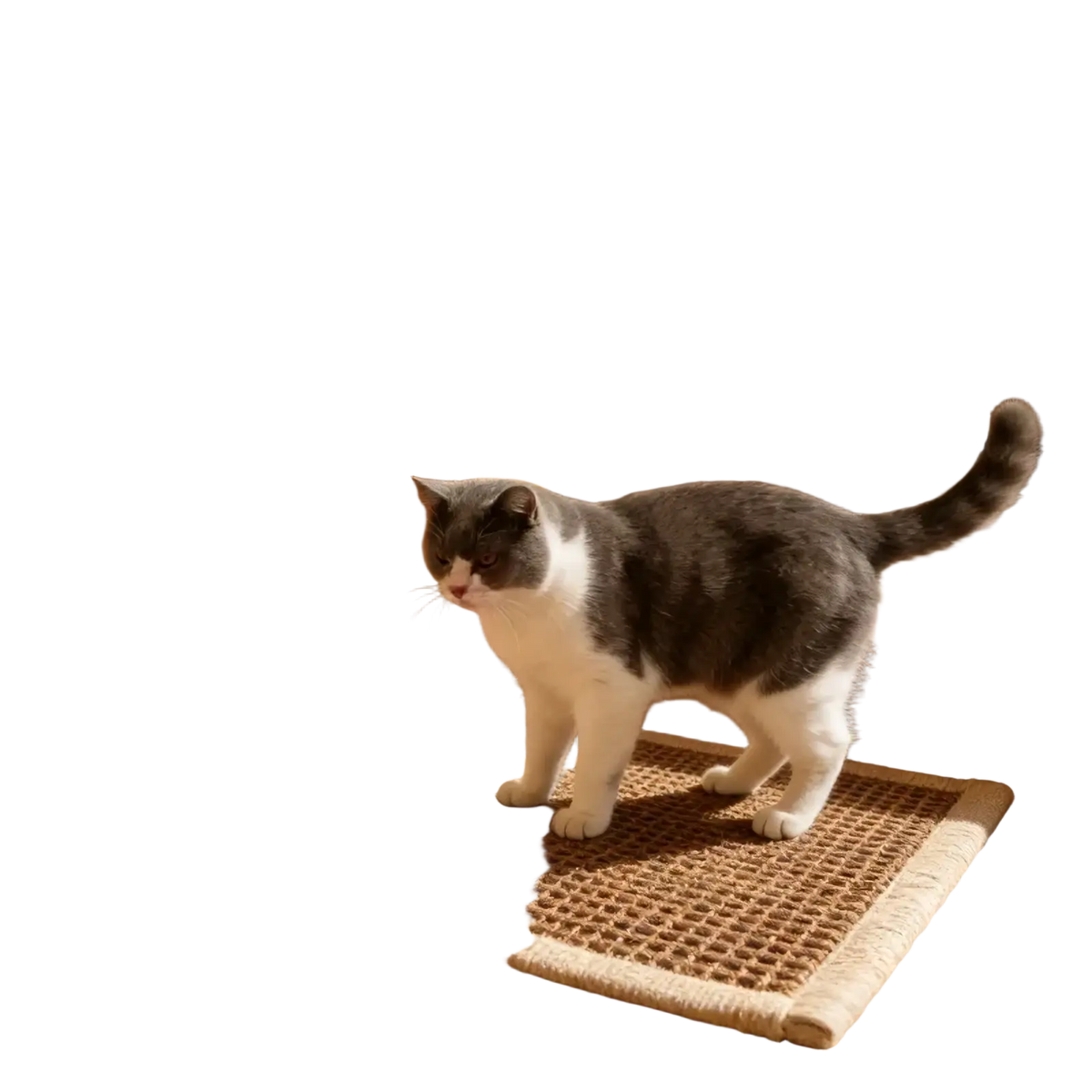 Gray and white cat standing on a woven natural fiber sisal cat scratch pad with a braided edge furniture protector