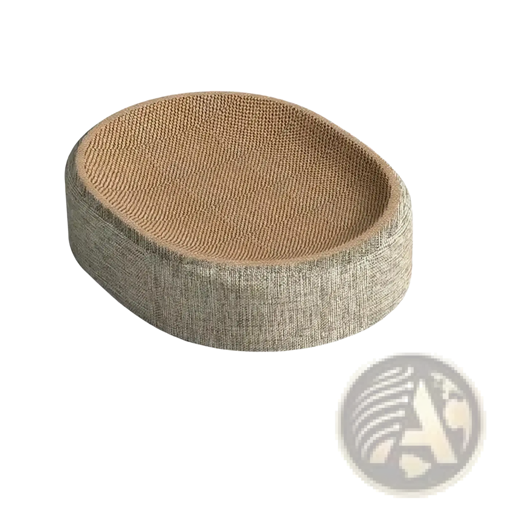 Beige and gray woven sisal cat scratcher bed and lounge with textured ribbed interior surface for cats