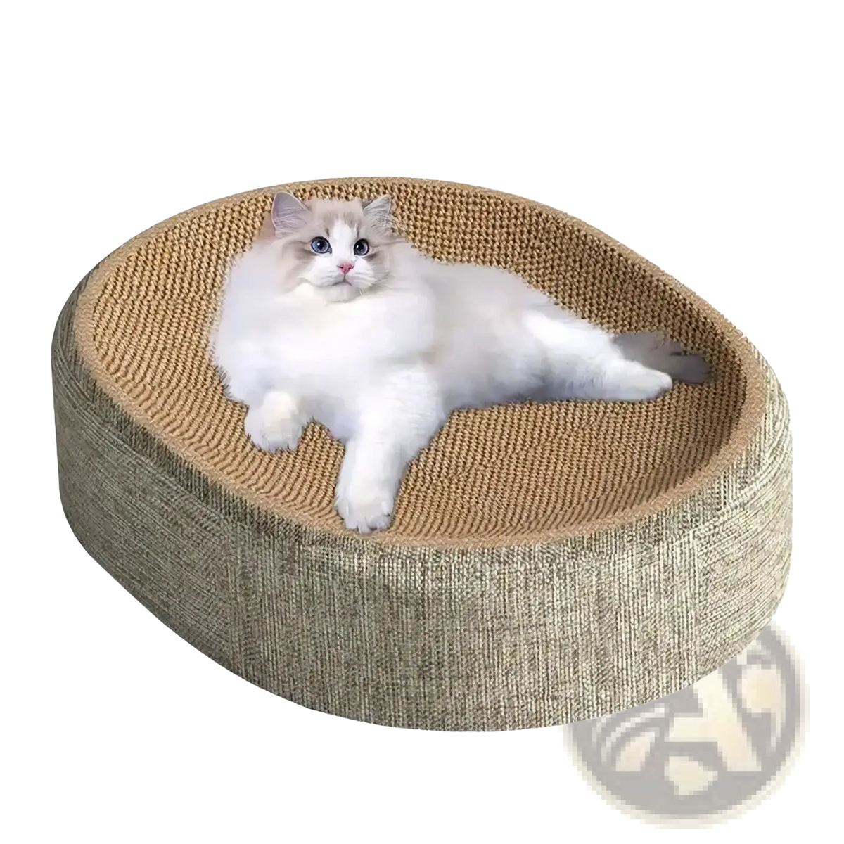 Beige oval sisal cat scratcher bed with woven texture and soft cushioned sides for lounging and scratching
