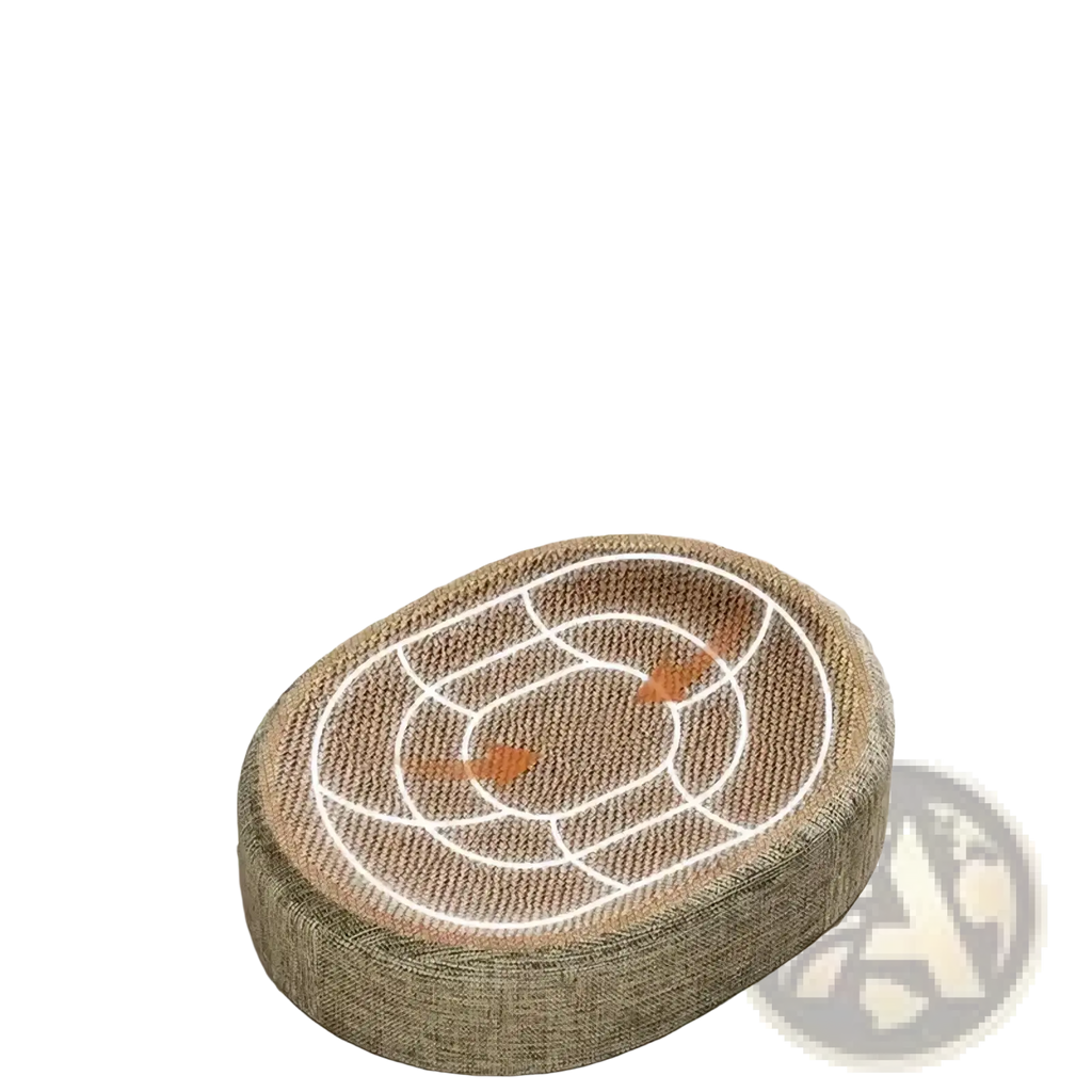 Beige woven sisal cat scratcher bed and lounge with white geometric pattern and orange accent dots