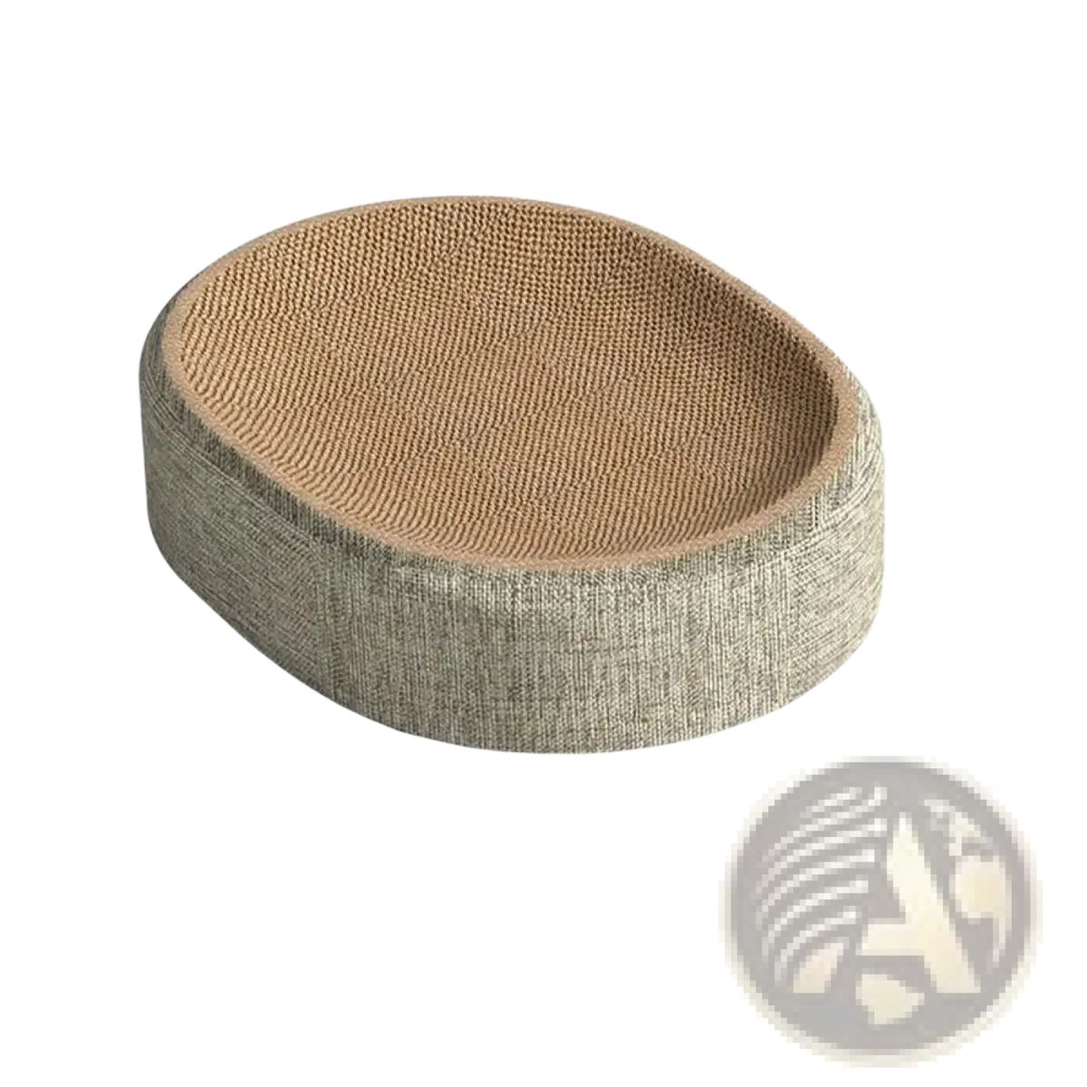 Beige woven sisal cat scratcher bed and lounge with textured ribbed surface and sturdy fabric exterior