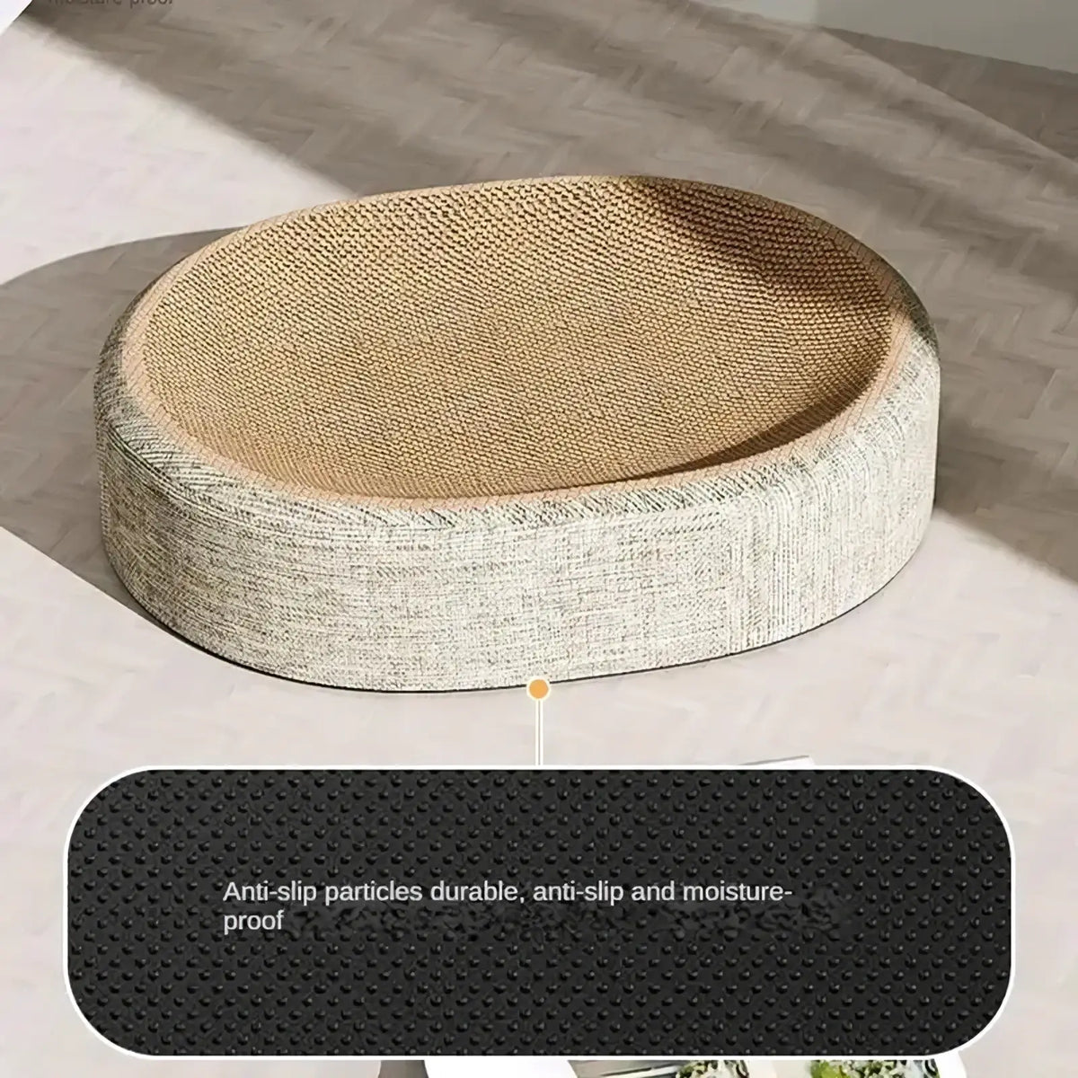 Sisal cat scratcher bed and lounge with circular beige woven sisal surface and textured gray fabric border
