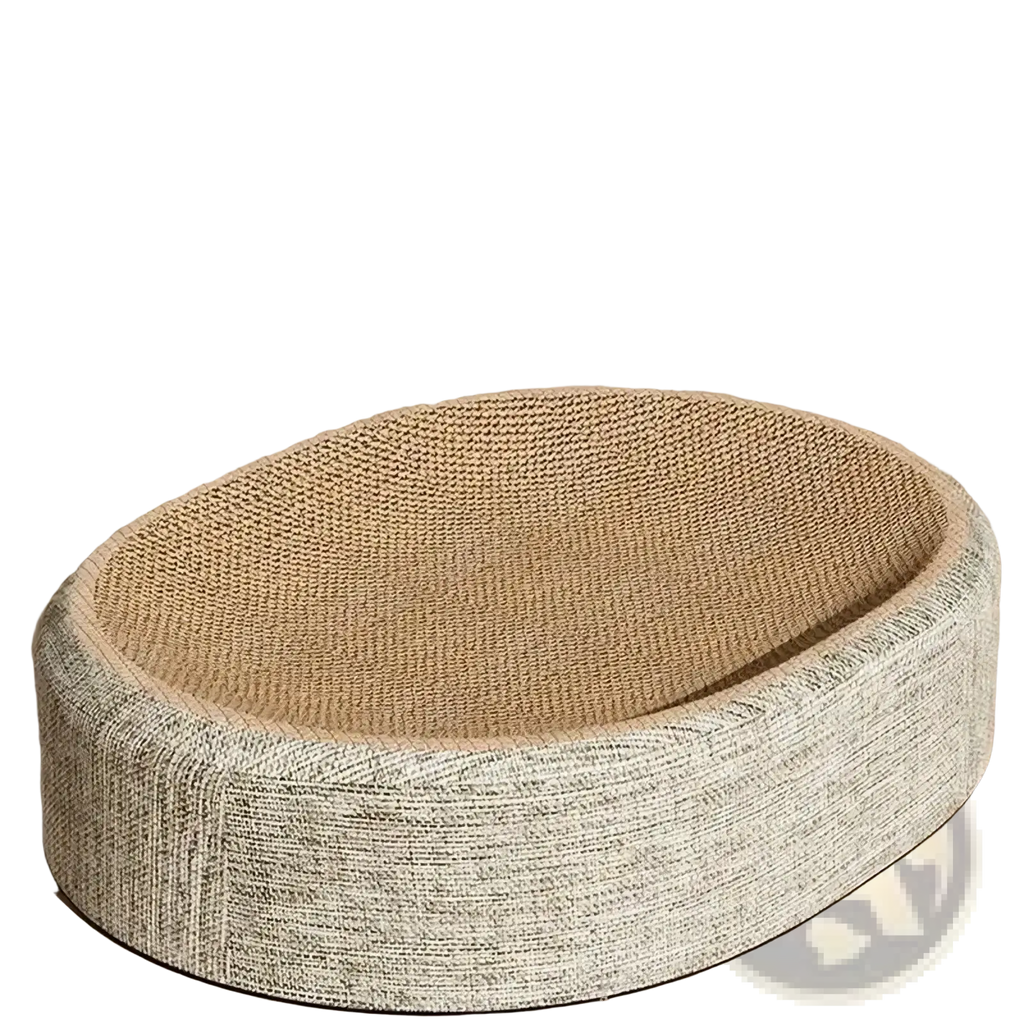 Oval-shaped sisal cat scratcher bed and lounge made of beige sisal-reinforced cardboard with textured surface