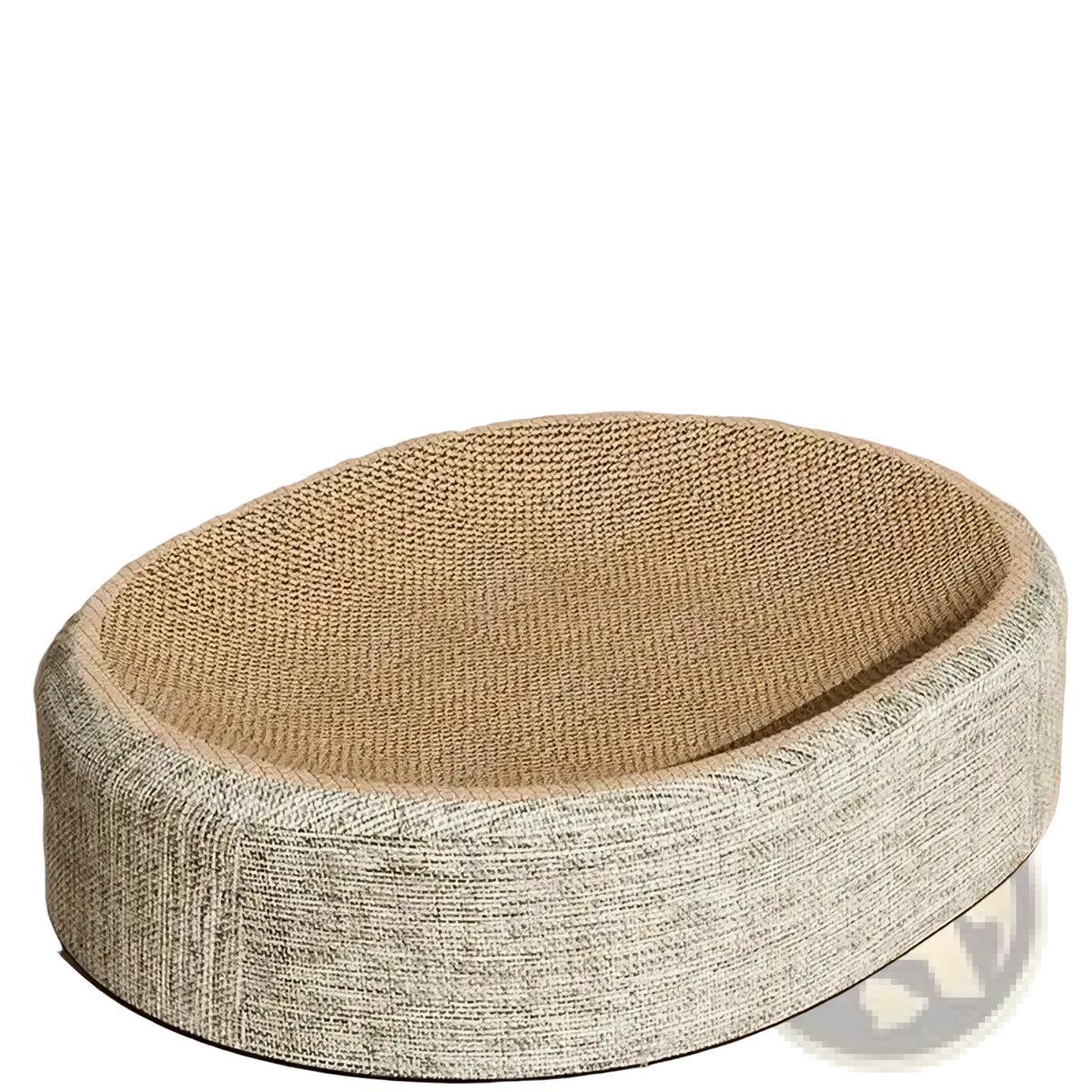 Oval-shaped sisal cat scratcher bed and lounge made of beige sisal-reinforced cardboard with textured surface