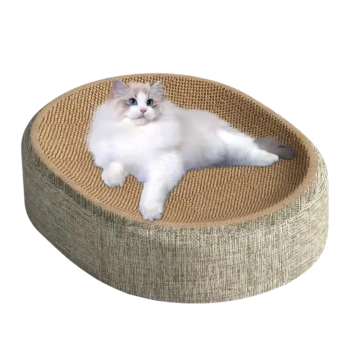 Beige oval sisal cat scratcher bed with woven texture and soft cushioned sides for lounging and scratching