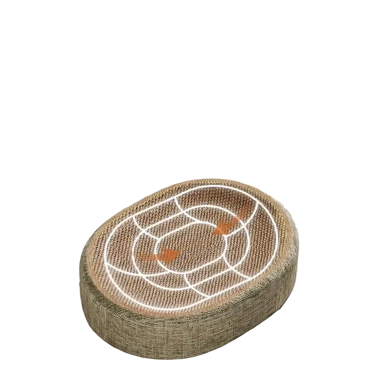 Beige woven sisal cat scratcher bed and lounge with white geometric pattern and orange accent dots