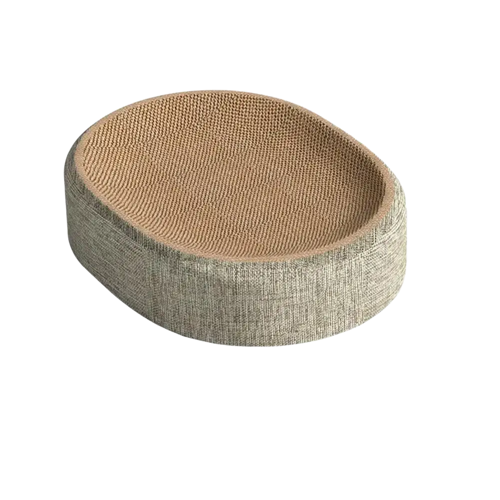 Beige woven sisal cat scratcher bed and lounge with textured ribbed surface and sturdy fabric exterior