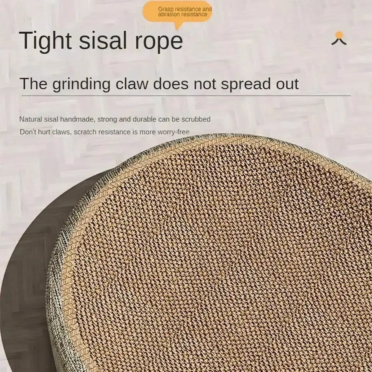 Handmade circular sisal cat scratcher bed and lounge in natural tan with durable woven texture for scratching and lounging