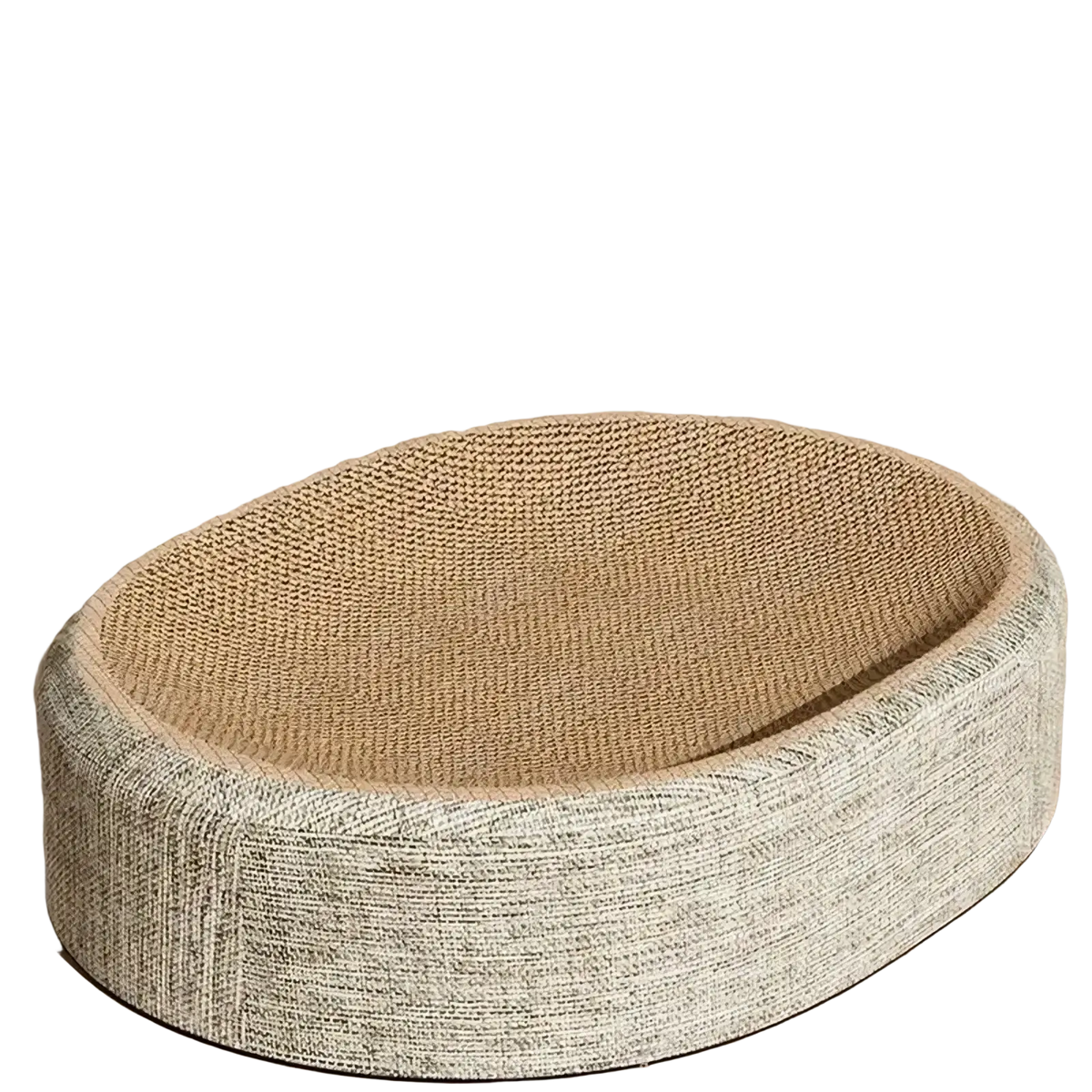 Oval-shaped sisal cat scratcher bed and lounge made of beige sisal-reinforced cardboard with textured surface