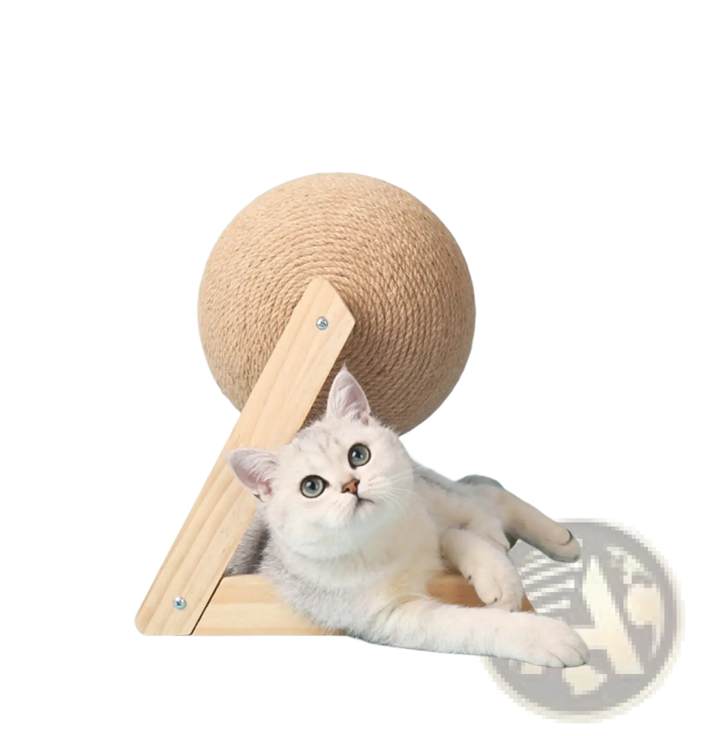 Beige sisal cat scratching ball mounted on a light wood triangular stand for feline claw care and play