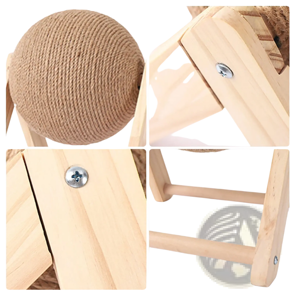 Beige textured sisal cat scratching ball mounted on a light wooden triangular stand for pet use