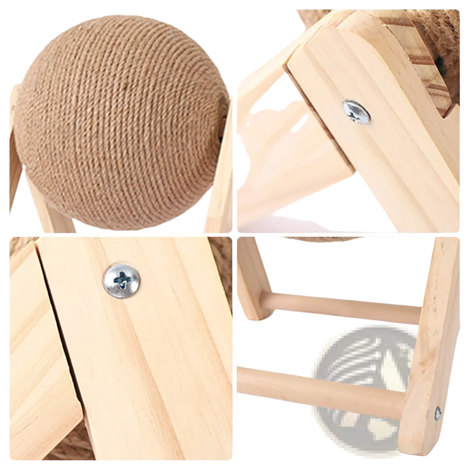 Beige textured sisal cat scratching ball mounted on a light wooden triangular stand for pet use