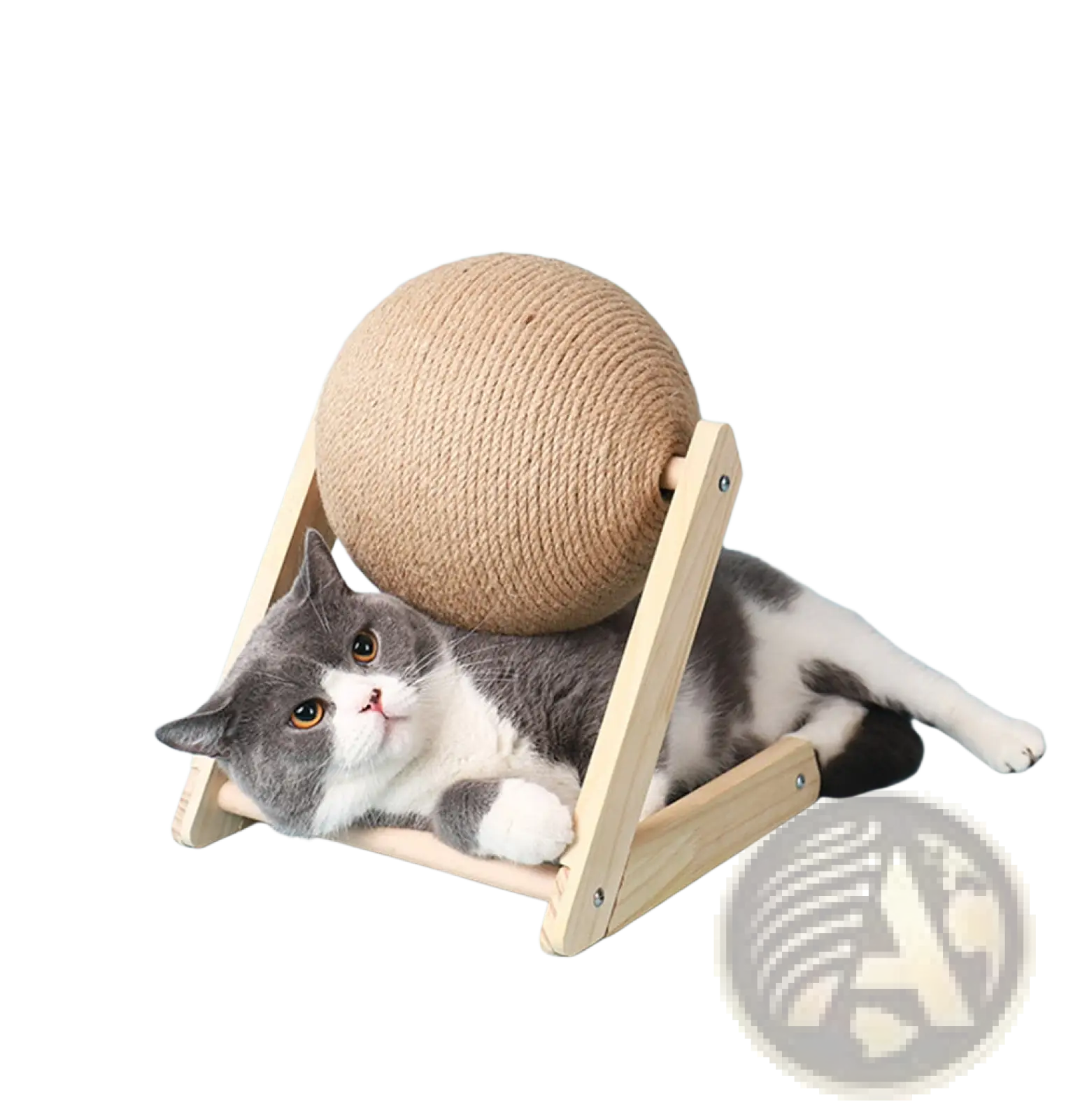 Beige sisal cat scratching ball mounted on a light wood triangular stand for pet claw care
