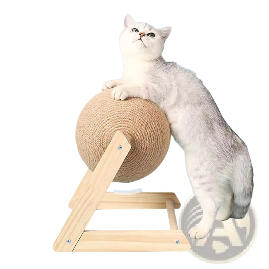 A beige sisal cat scratching ball with a wooden triangle a-frame stand for pet claw care and play