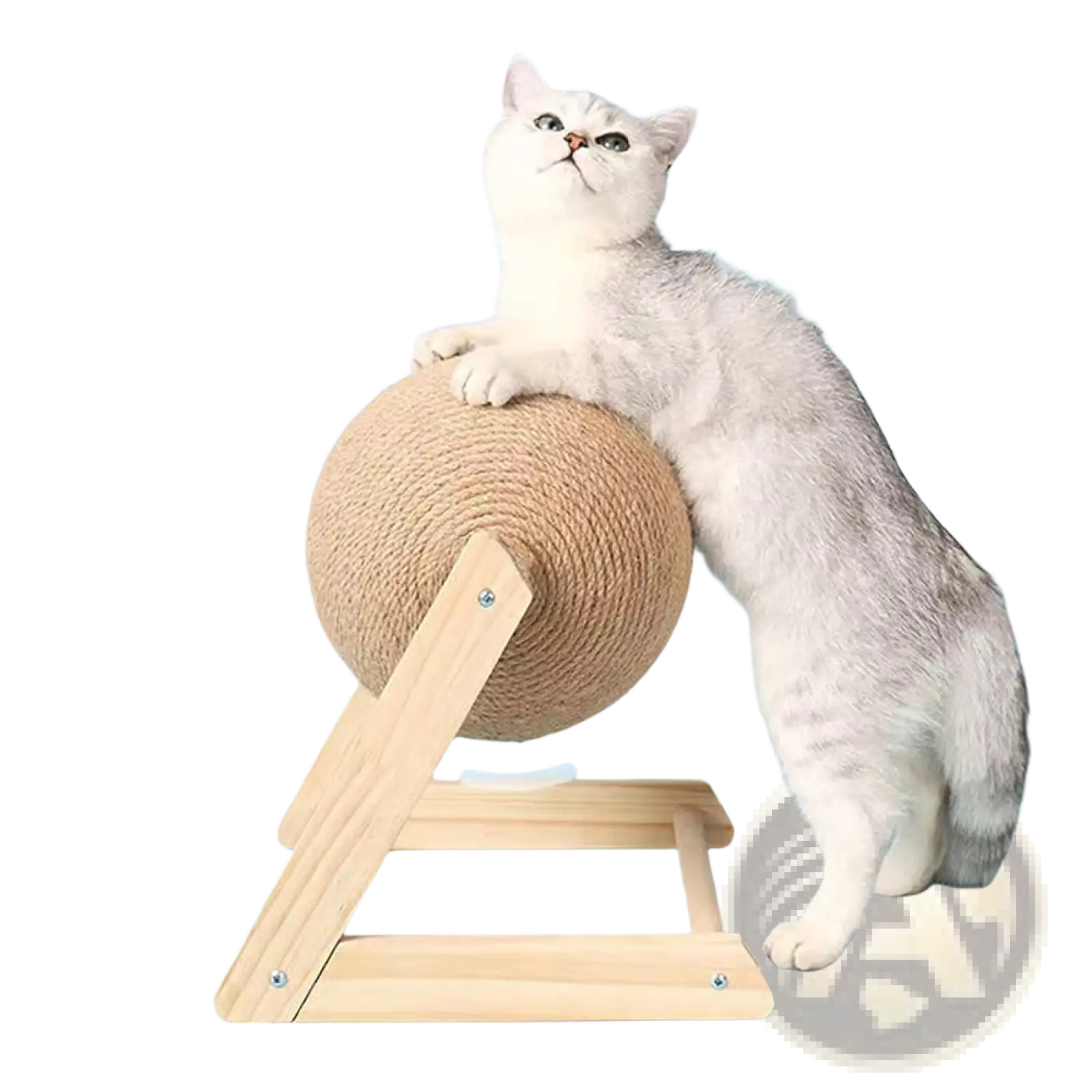 A beige sisal cat scratching ball with a wooden triangle a-frame stand for pet claw care and play