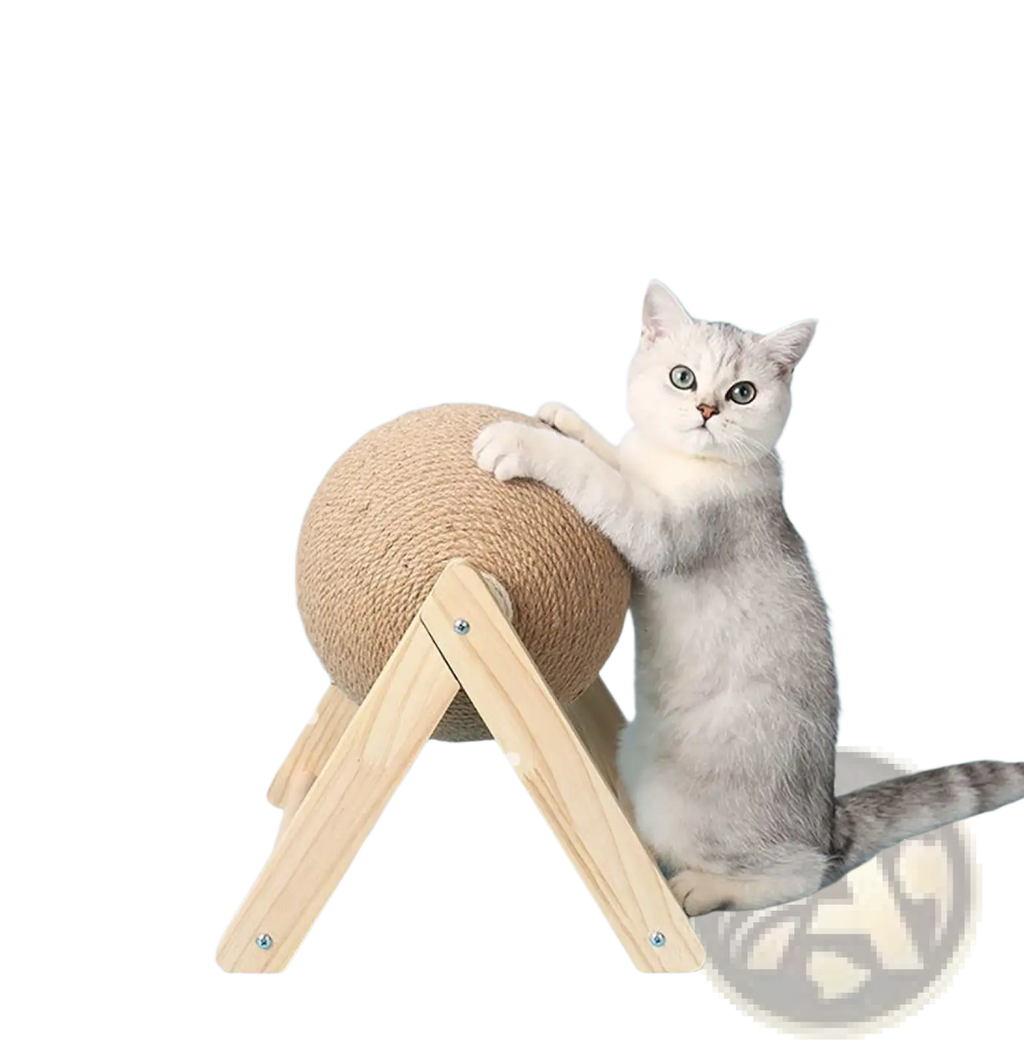 A round beige sisal wrapped cat scratching ball mounted on a light wood a frame stand for cat use