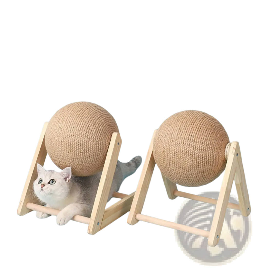 Two light brown sisal cat scratching balls with textured surface mounted on wooden triangle stands for cats