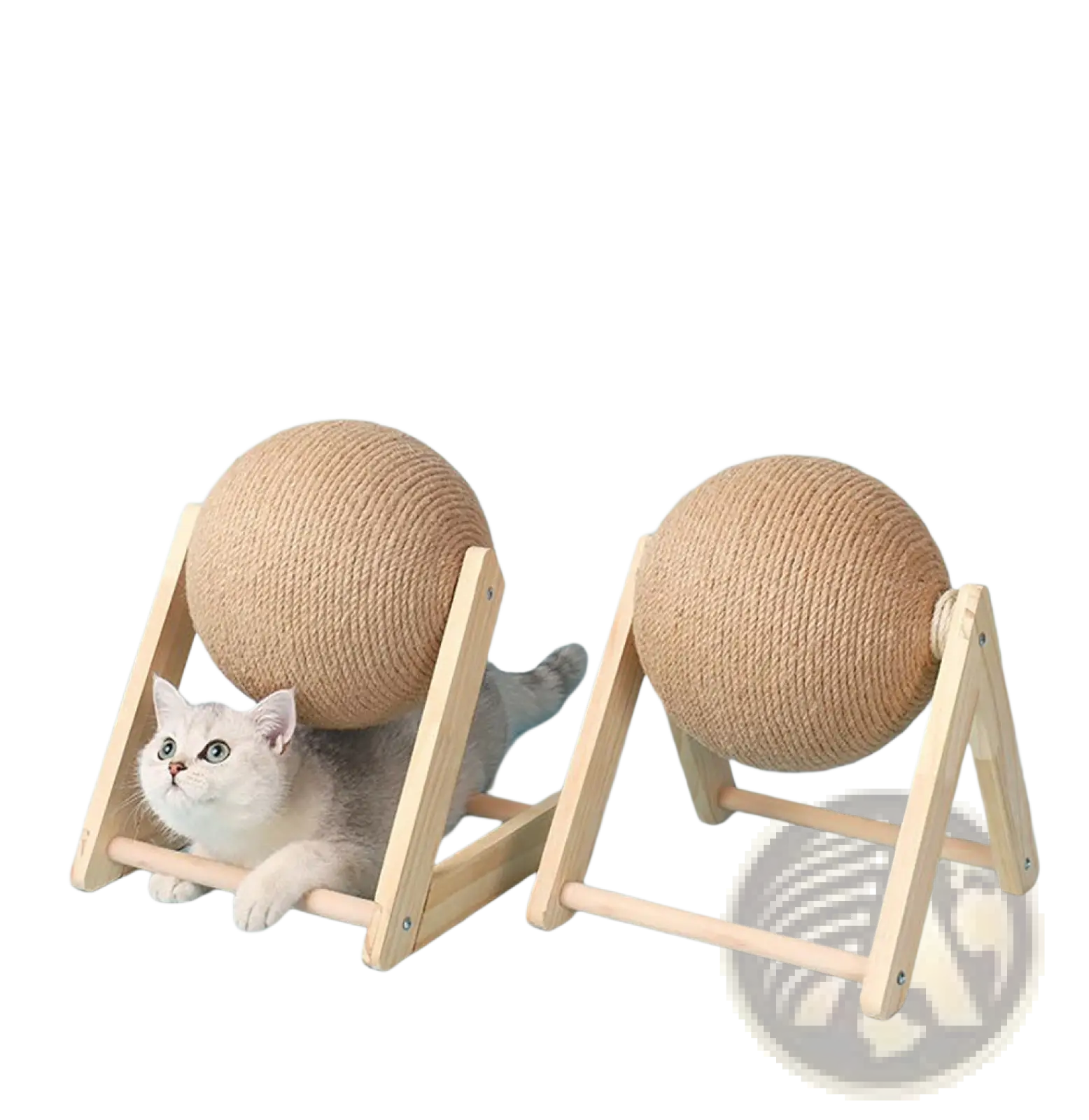 Two light brown sisal cat scratching balls with textured surface mounted on wooden triangle stands for cats