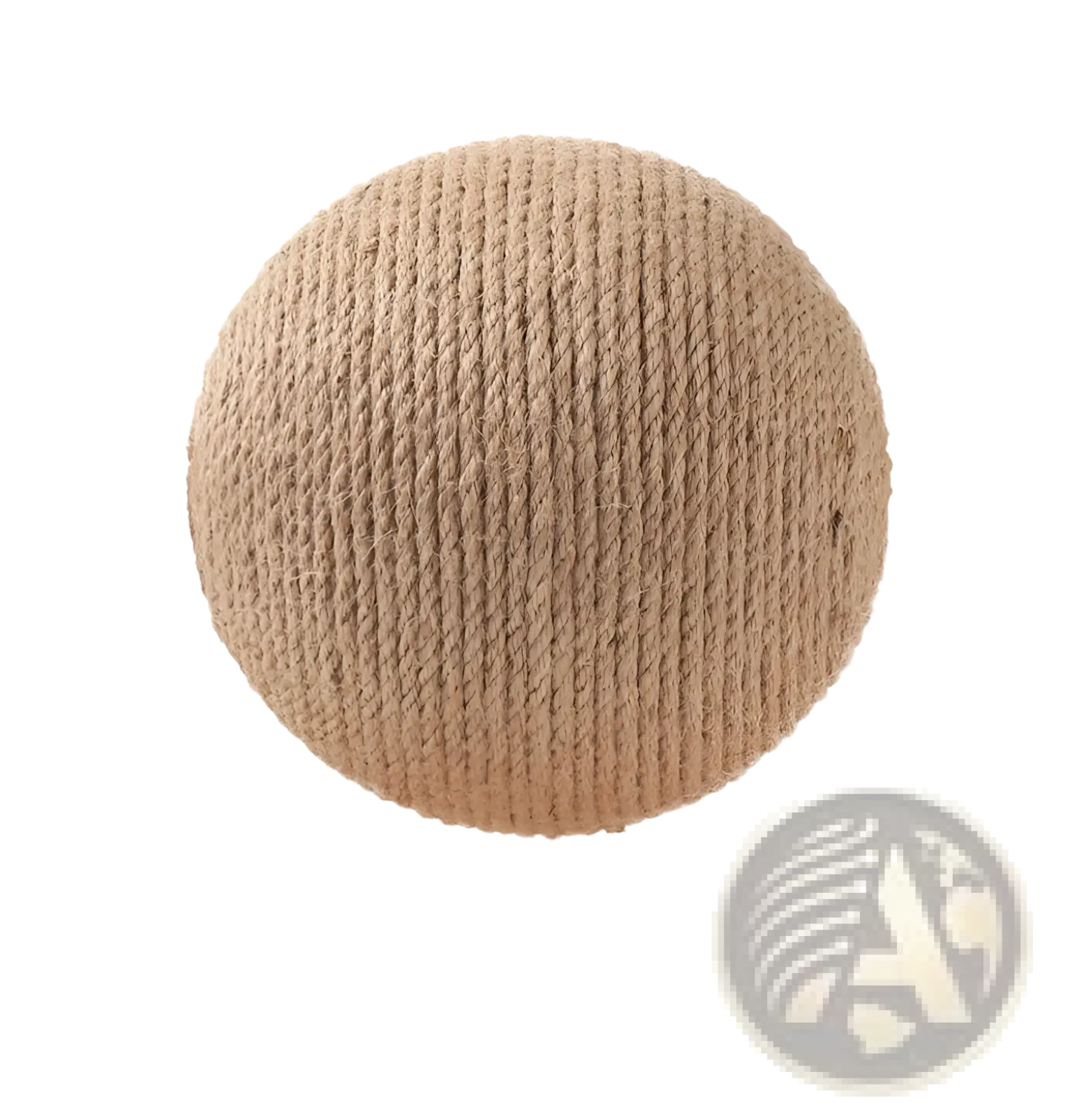 Sisal cat scratching ball made of tightly wound natural beige rope with wooden triangle stand and 16 cm diameter