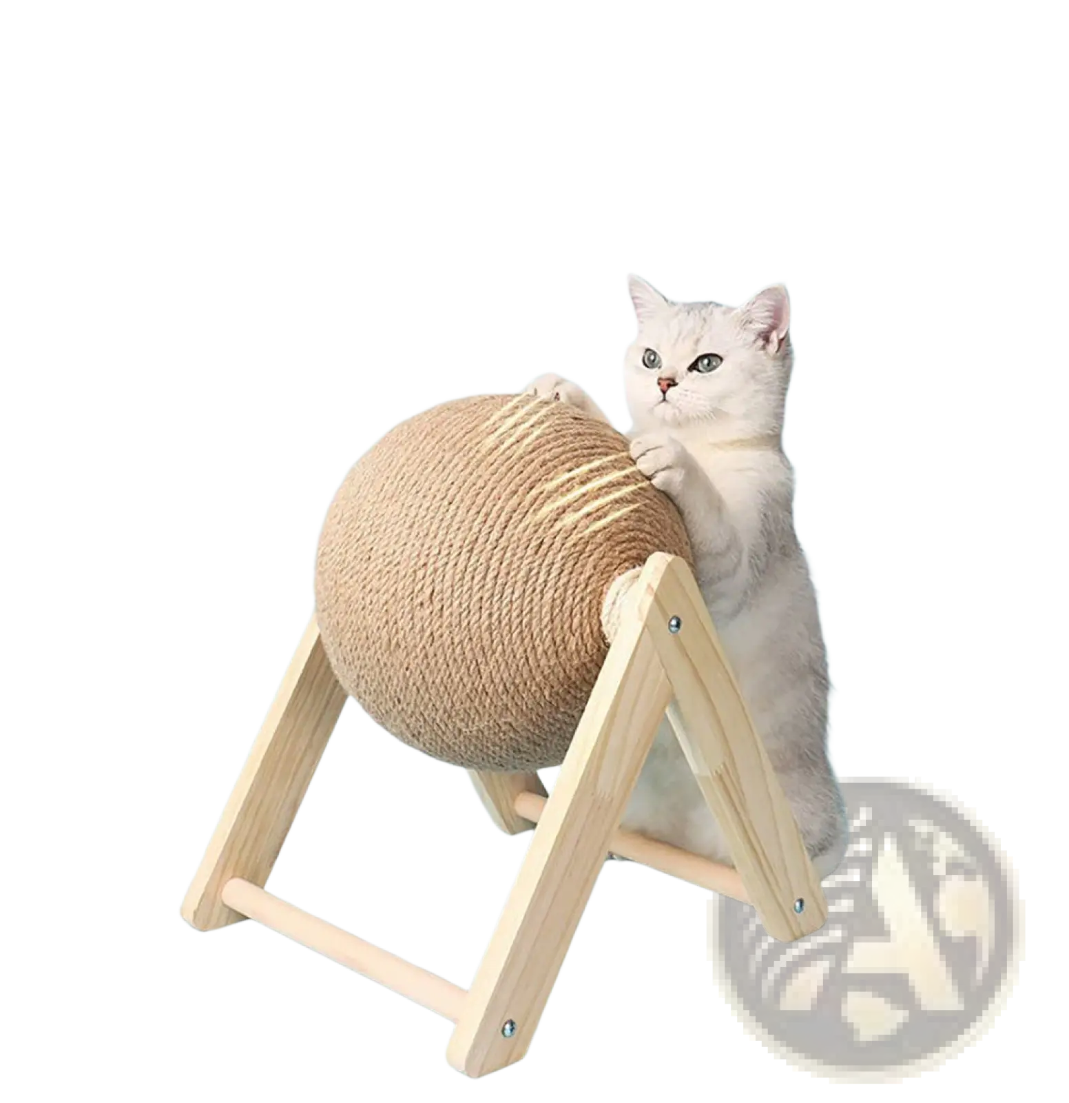 Beige spherical sisal cat scratching ball with wooden a frame stand for durable pet claw care