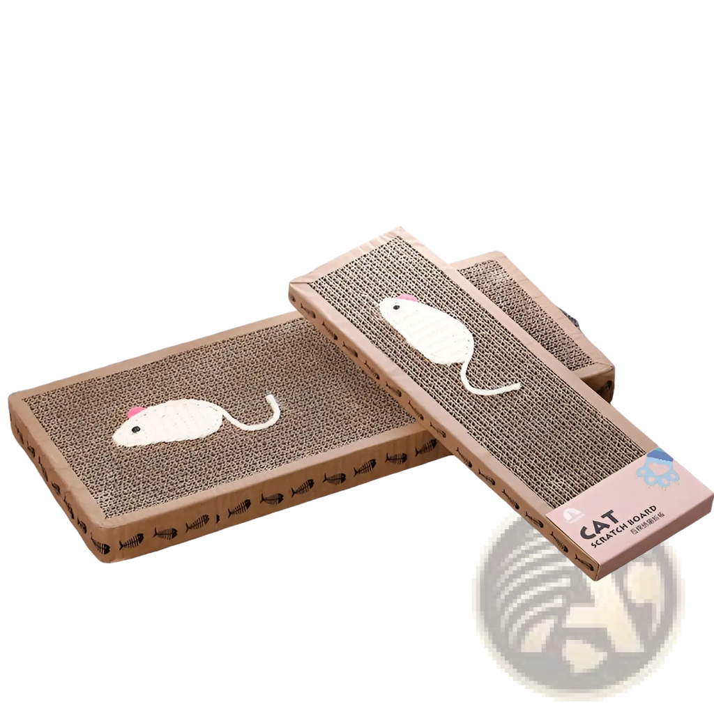 Sisal cat scratching board with brown corrugated cardboard and white embroidered mouse design with fish borders