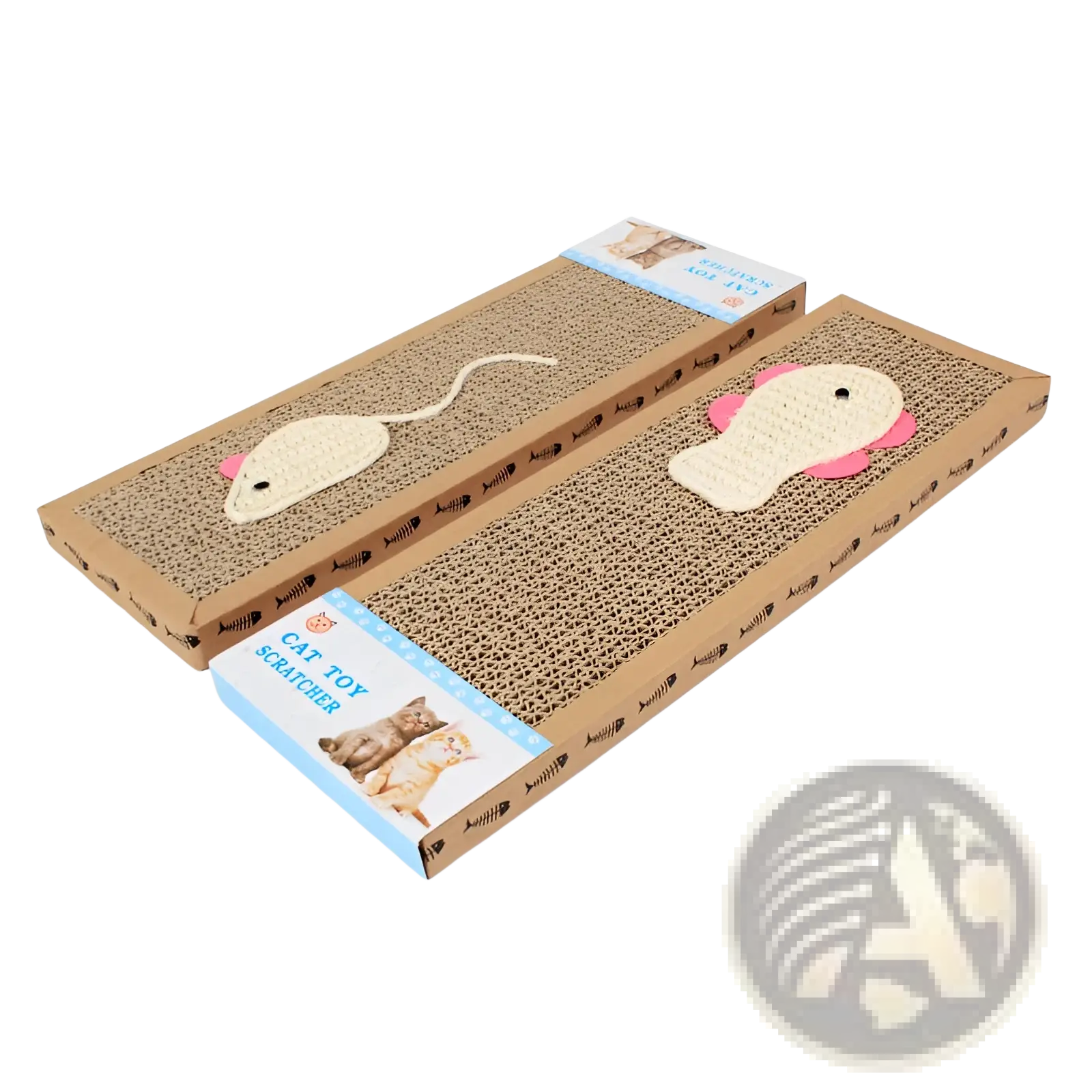 Brown cardboard sisal cat scratching board with beige pink and cream plush mouse toys for cats