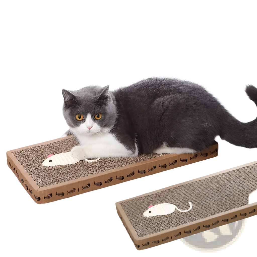 Gray and white cat resting on a rectangular sisal cat scratching board with plush mouse toy and embroidered mouse design