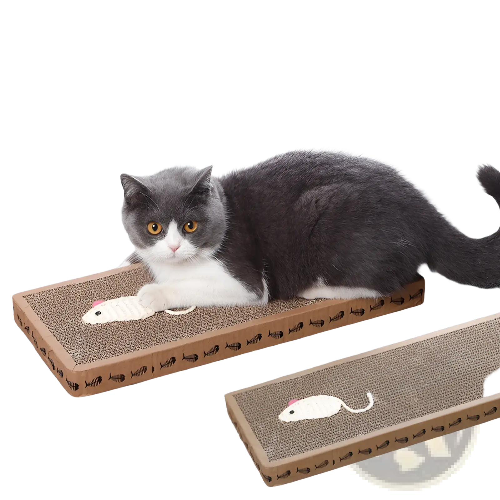 Gray and white cat resting on a rectangular sisal cat scratching board with plush mouse toy and embroidered mouse design