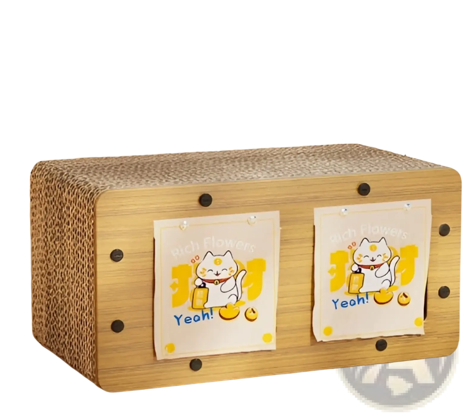 A rectangular light brown cardboard sisal cat scratching board with cartoon cat stickers and black fasteners