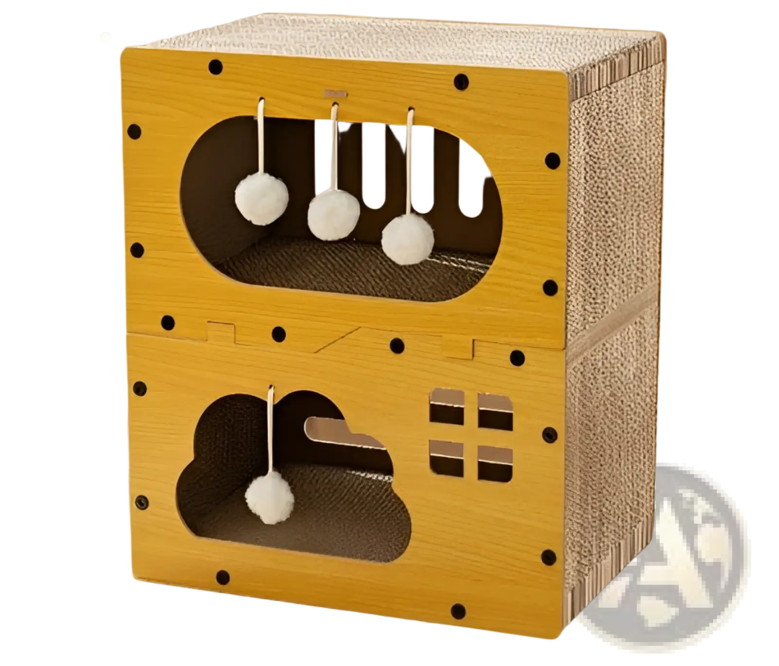 Yellow two-tier sisal cat scratching post with wooden nest cloud musical note cutouts and hanging white pom-poms