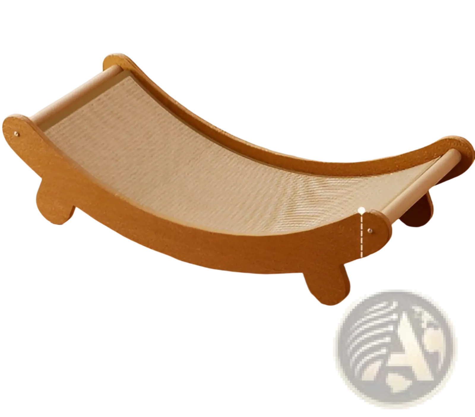 Wooden-framed sisal cat scratching board with a curved beige surface and rounded feet for scratching and resting