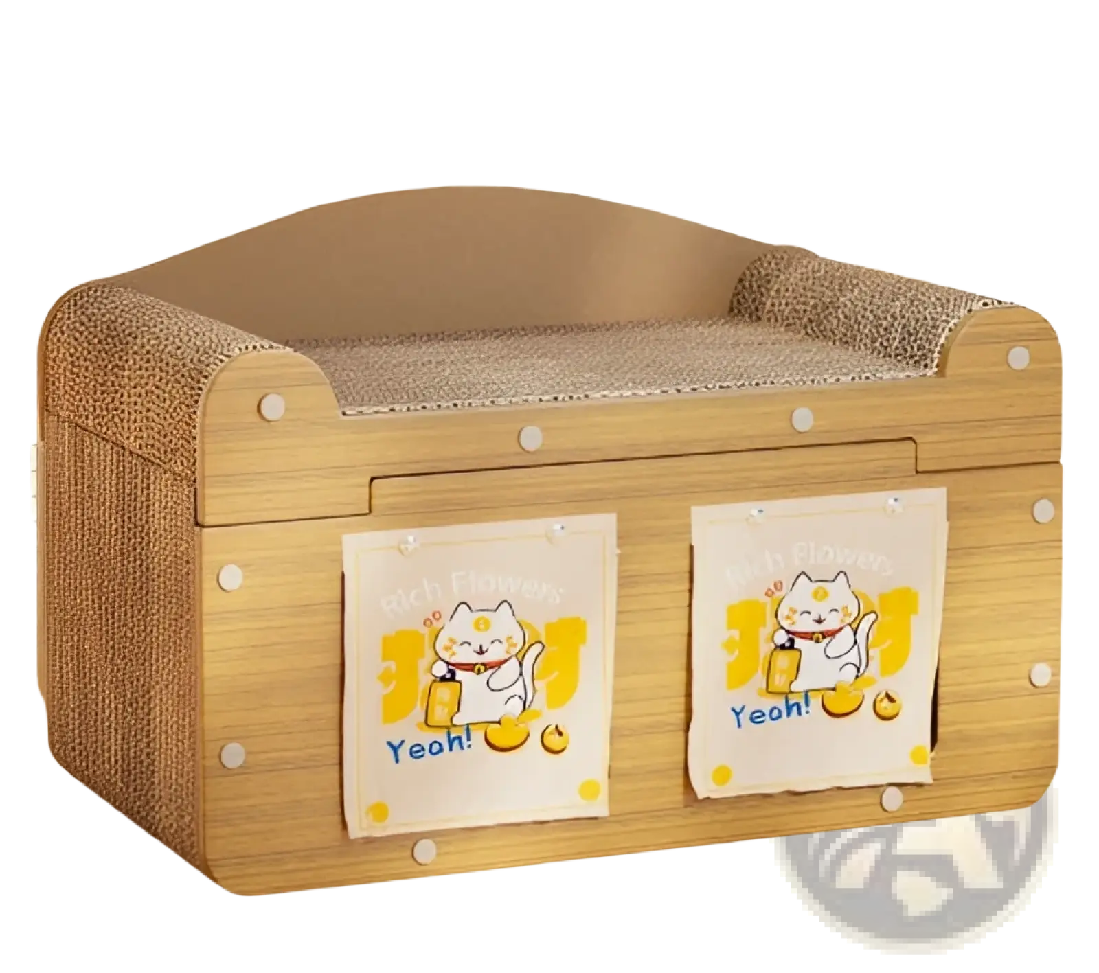 A cozy light brown wooden sisal cat scratching board with cushioned top and two cartoon cat decals on front