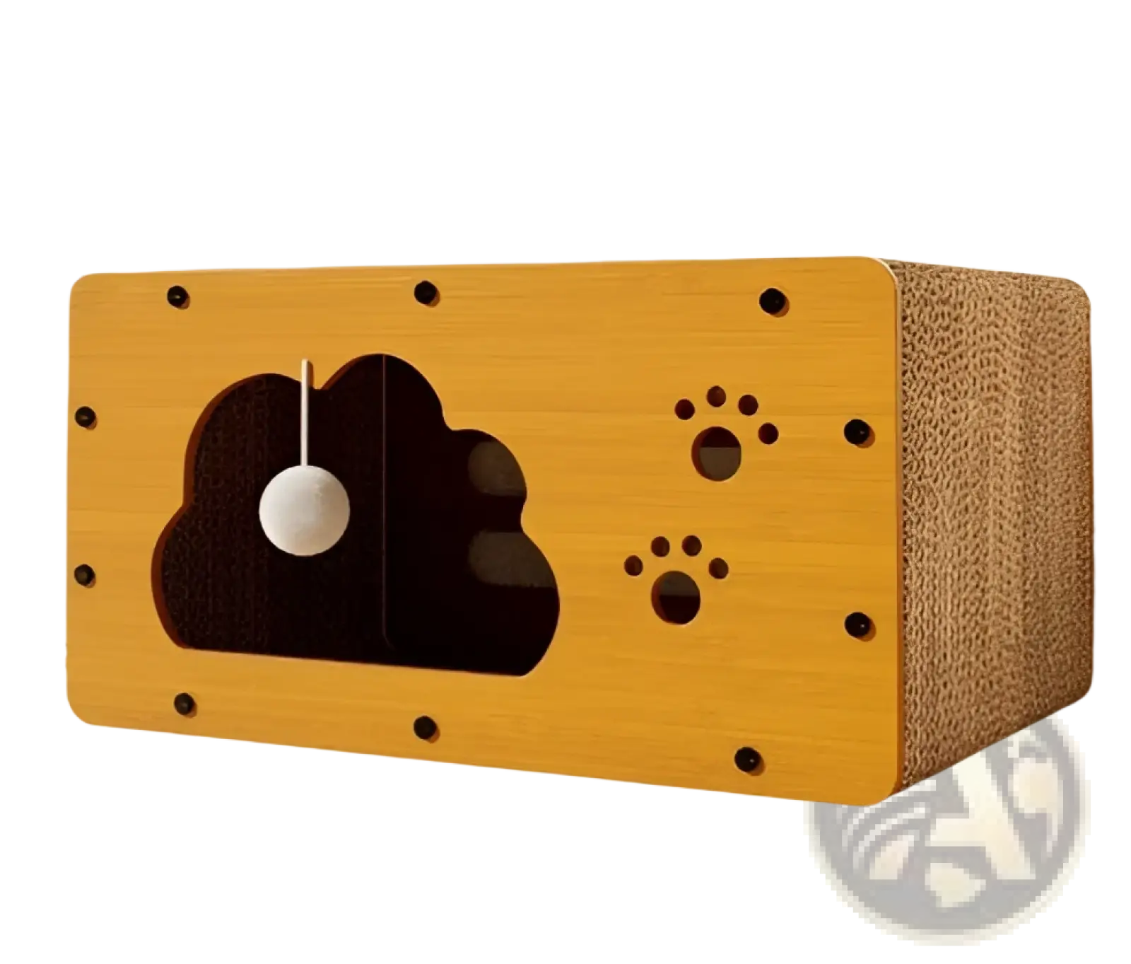 Yellow wooden sisal cat scratching board with cloud-shaped cutout and paw print designs for feline use