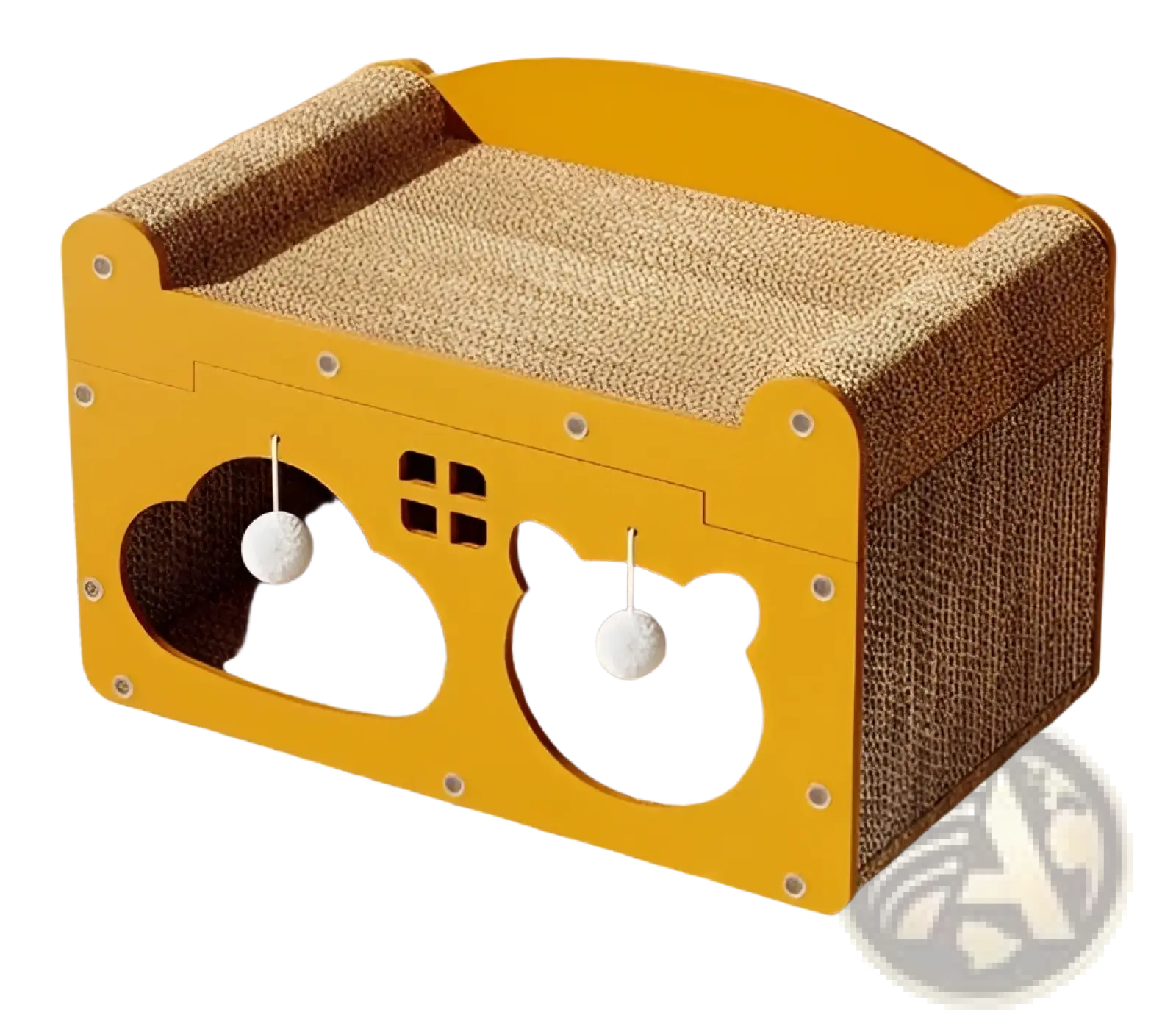 Yellow wooden sisal cat scratching board with two bear-shaped cutouts each holding a white ball on a string